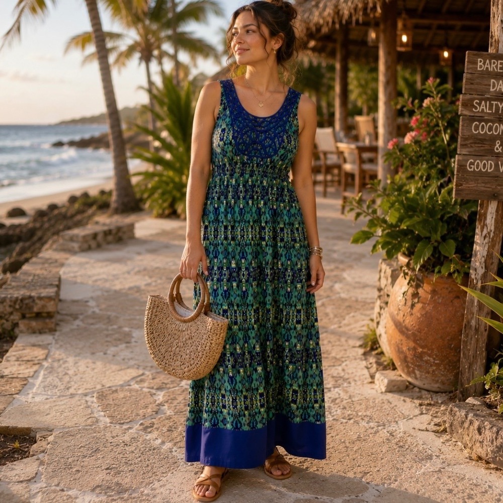 One World Slinky Sleeveless Maxi Dress M Ikat Soutache Embroidered Resort Boho